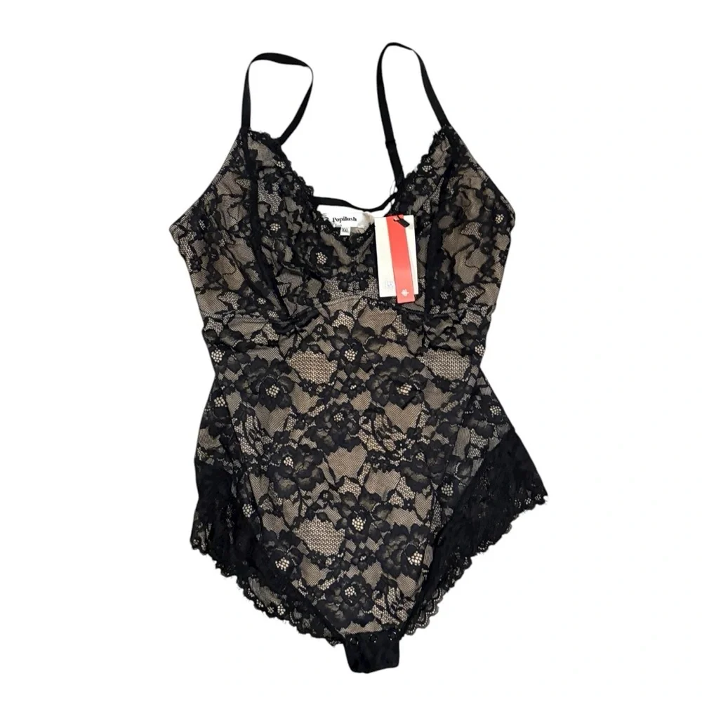 Popilush Shapewear V Neck Tummy Control Backless Lace Thong Bodysuit - Picture 6 of 11